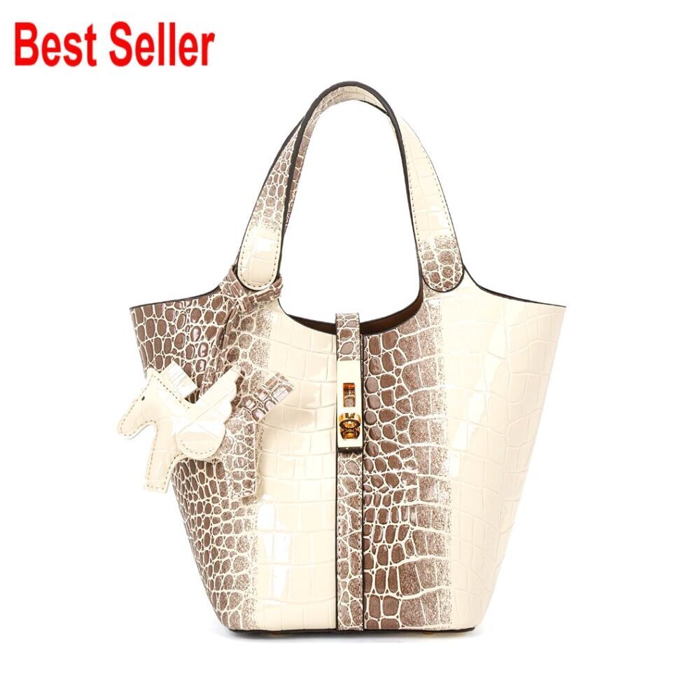 Vegan Leather Bucket Tote with Detachable Purse Top Handle Shoulder Bag
